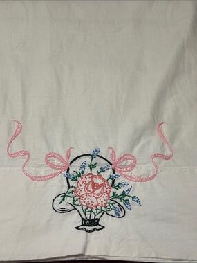 Beautiful VTG- Hand Embroidered Queen Set Pillowcases-Flower Basket,Ribbon Motif